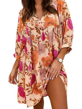 miduo Women’s Summer V Neck Half Sleeve Floral Mini Tunic Dress